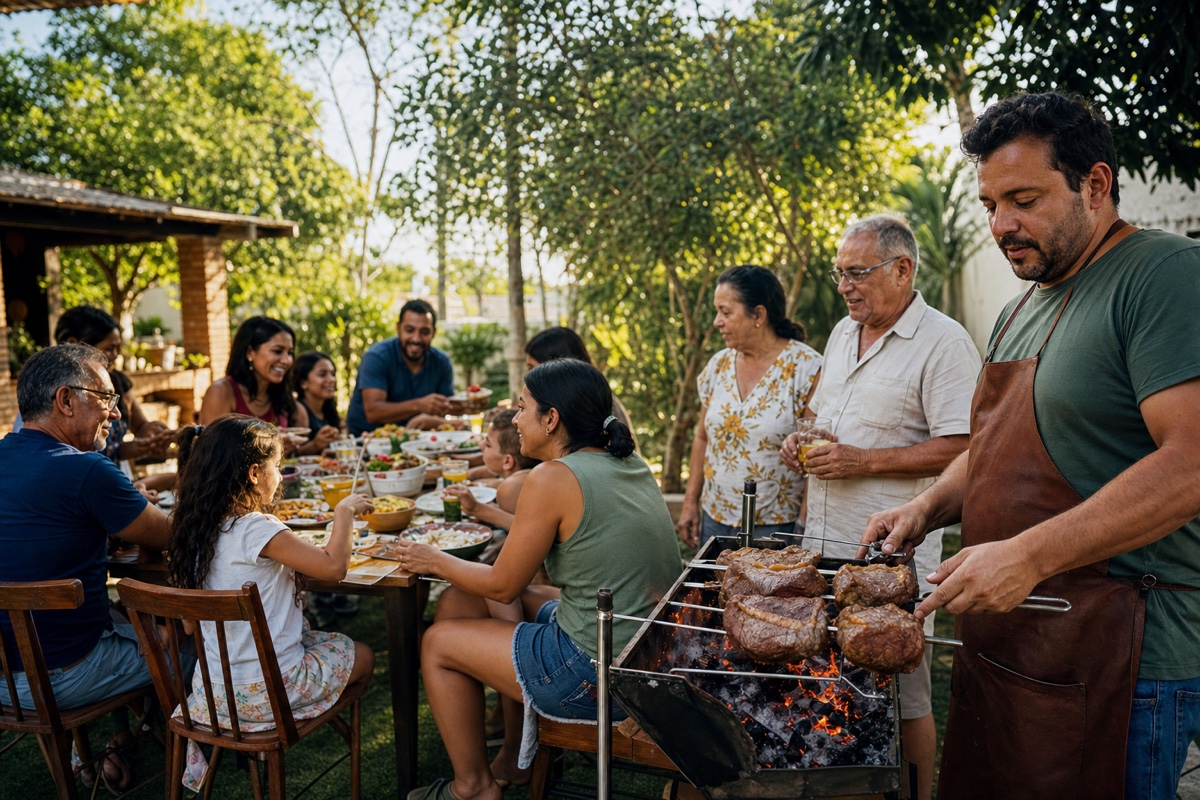 A big multi-generational Brazilian family gathered around a backyard churrasco, someone grilling picanha, everyone talking, kids running around, relaxed Sunday afternoon