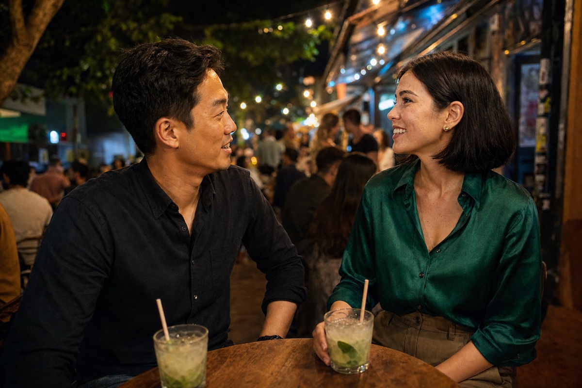 An East Asian foreign man and a Brazilian woman talking over drinks at an outdoor table on a lively Vila Madalena bar street in São Paulo at night, string lights and a busy crowd behind them
