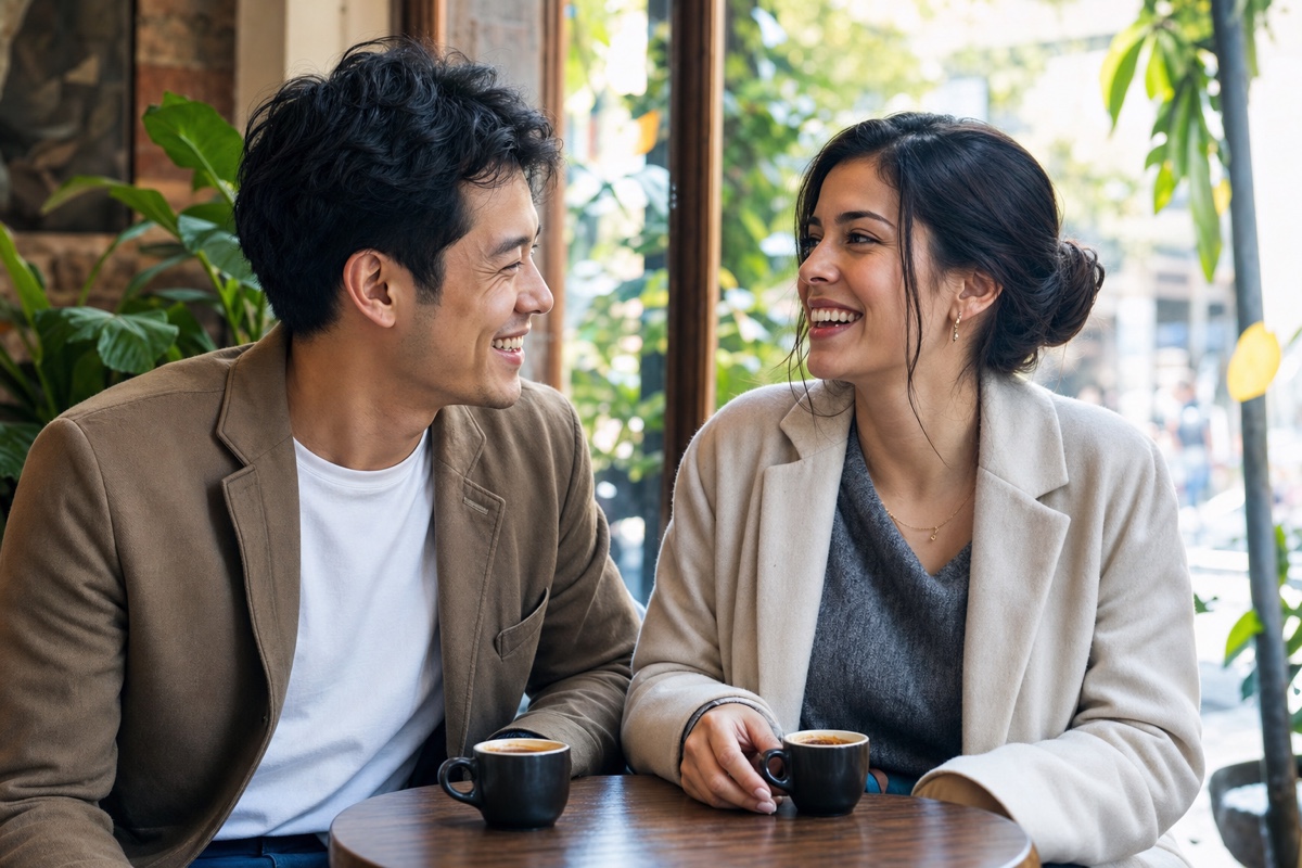 An East Asian foreign man and a Colombian woman sitting close and laughing over coffee in a bright Bogota cafe, warm natural light