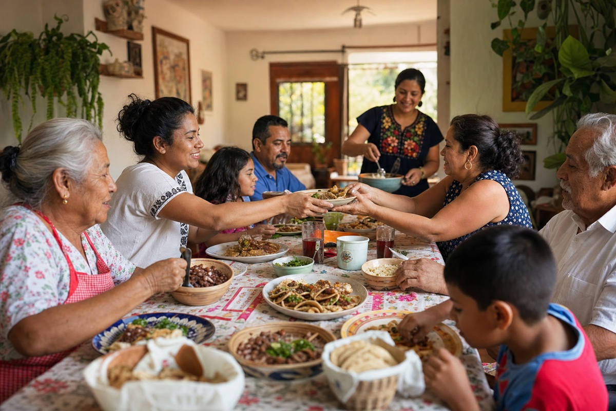 A multi-generational Mexican family gathered around a long table for Sunday comida, platters of tacos, rice, and mole, everyone talking and relaxed