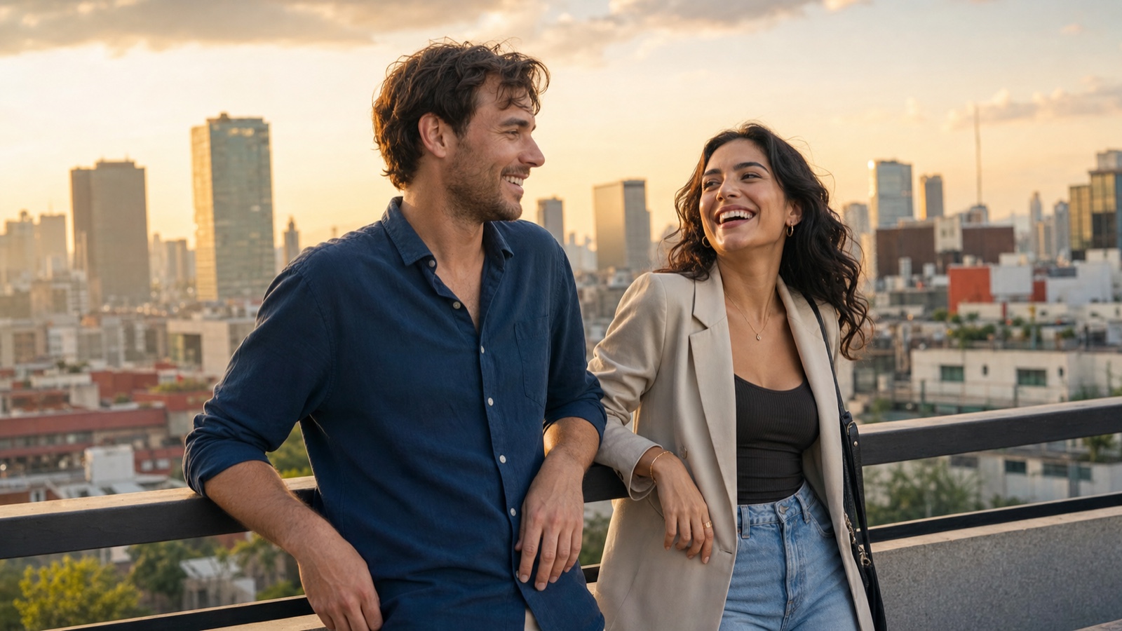 A foreign man and a Mexican woman leaning on a rooftop railing over the Mexico City skyline at golden hour, both relaxed and laughing