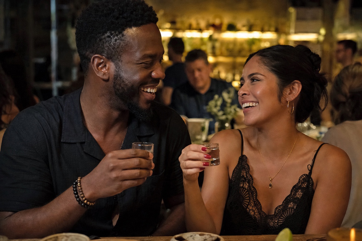 A foreign man and a Mexican woman laughing over drinks at a lively mezcal bar in Mexico City at night, warm low lighting