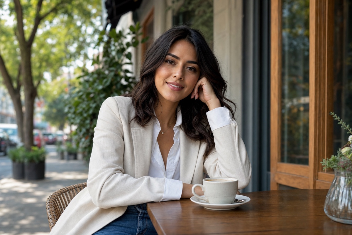 A stylish, confident young Mexican woman in contemporary Mexico City style sitting at a Roma Norte sidewalk cafe with a coffee, relaxed and candid, a leafy street behind her