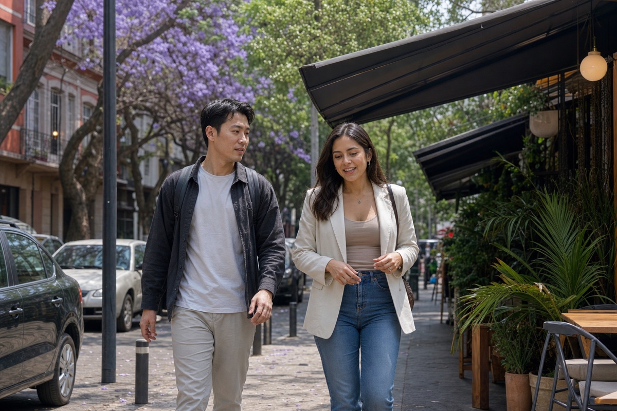 An East Asian foreign man and a Mexican woman walking together down a leafy Roma Norte street in Mexico City, jacaranda trees in purple bloom and sidewalk cafes behind them, both in contemporary casual clothes