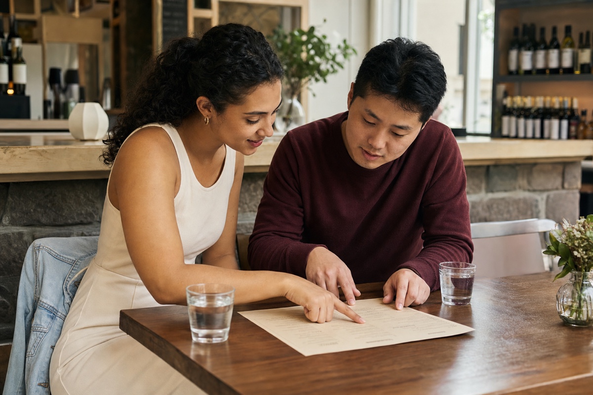 A couple checking a current menu together at a relaxed Mendoza wine bar