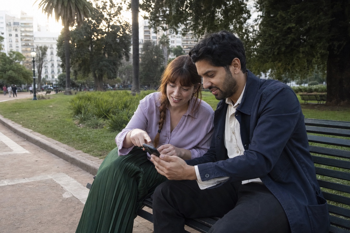 A couple comparing calendars and travel dates on a phone beside a public park in Buenos Aires