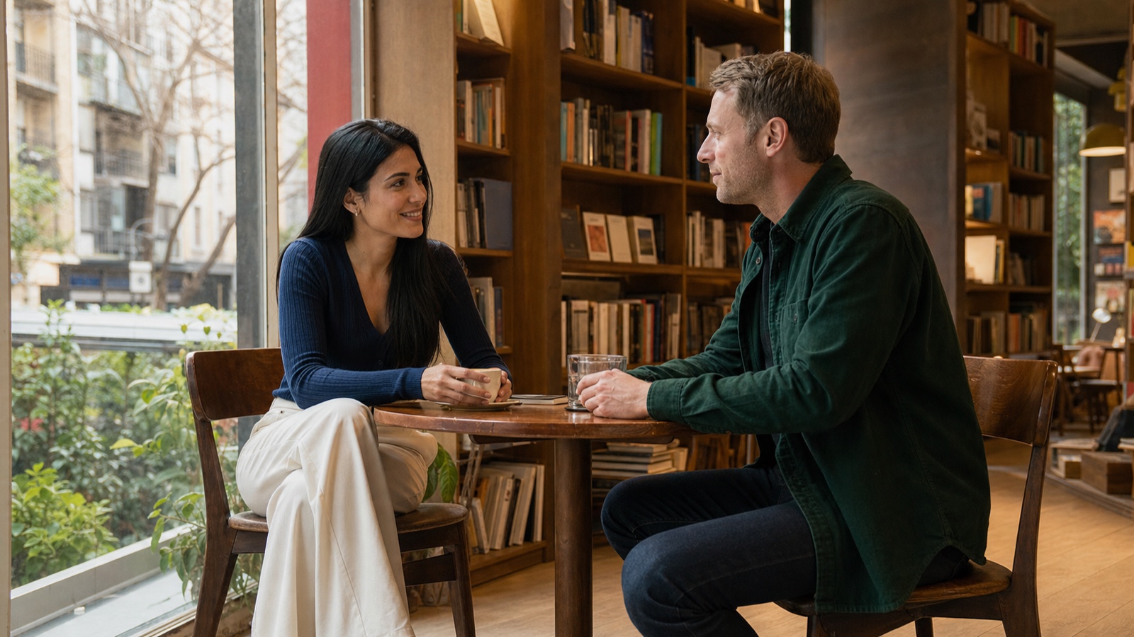 An Argentinian woman and a foreign man talking as equals at a Buenos Aires bookshop cafe
