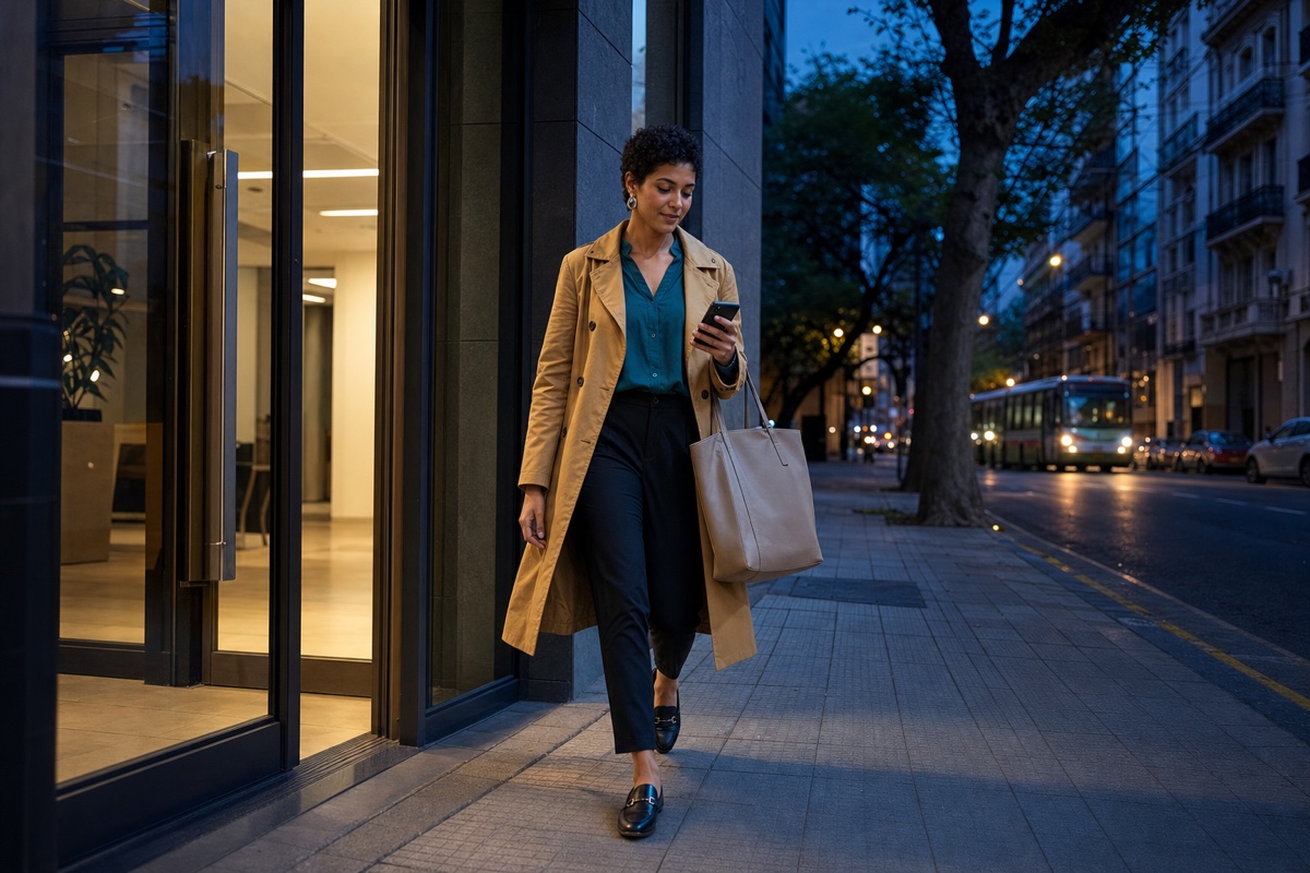 A stylish Argentinian woman leaving a Buenos Aires coworking space with her own evening plans