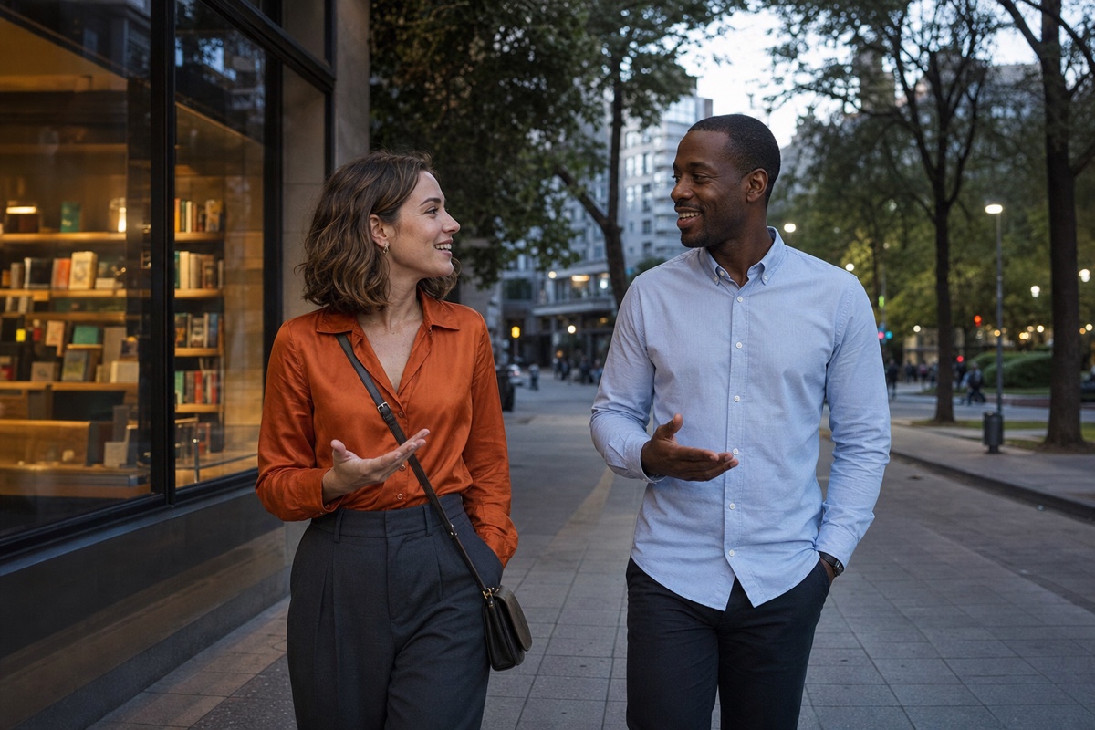 An Argentinian woman and a foreign man enjoying a spirited conversation while walking through Córdoba