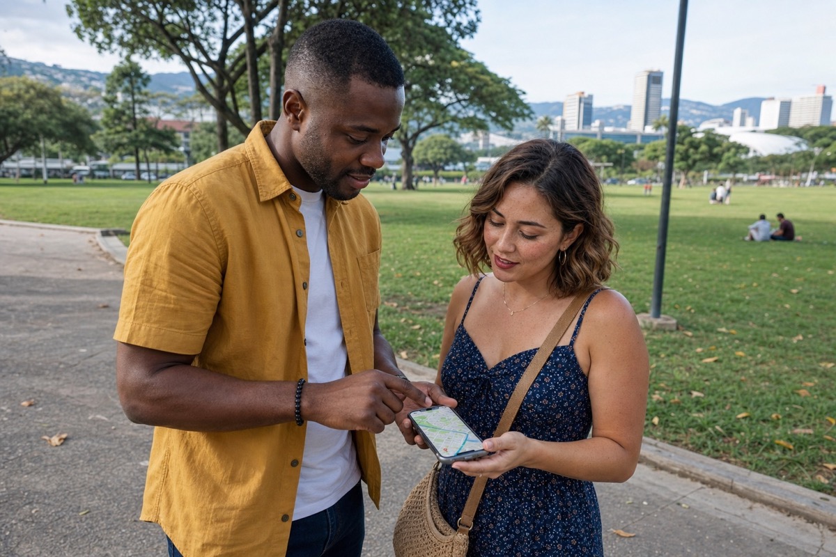 A Black foreign man and Costa Rican woman choosing a daytime meeting point on a phone map beside La Sabana park