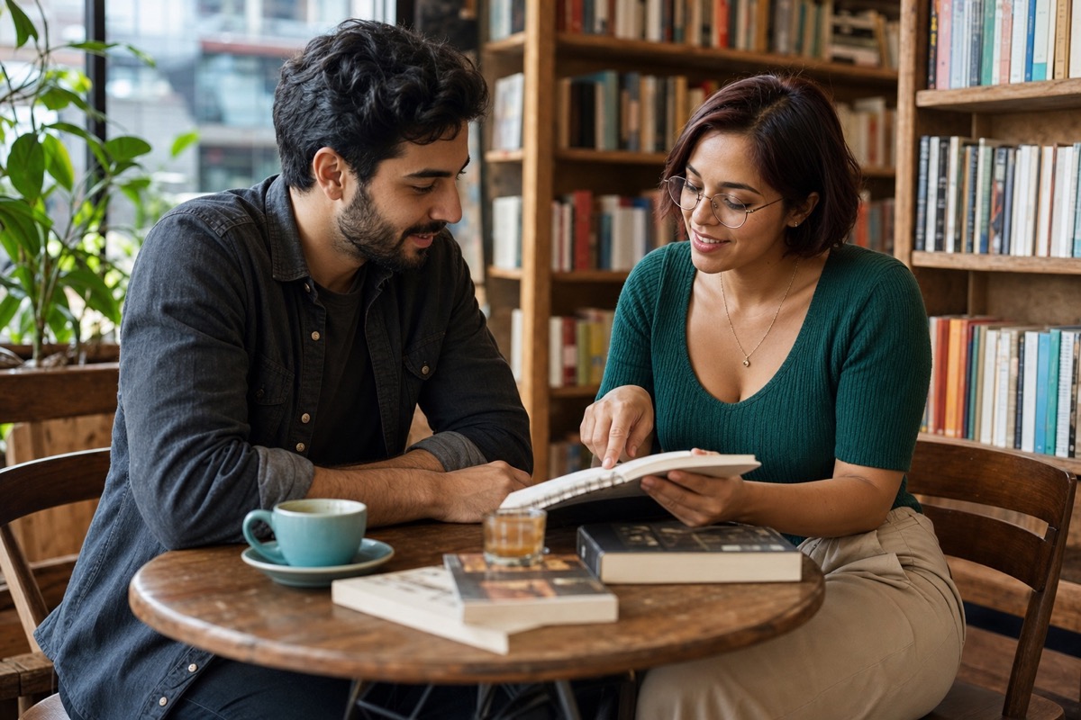A Middle Eastern foreign man learning a Spanish phrase from a Costa Rican woman during a relaxed bookstore café date
