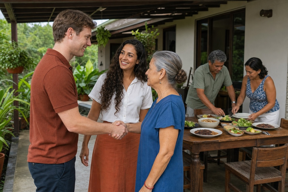 A white foreign man greeting his Costa Rican date's mother before a casual family lunch on a shaded home patio