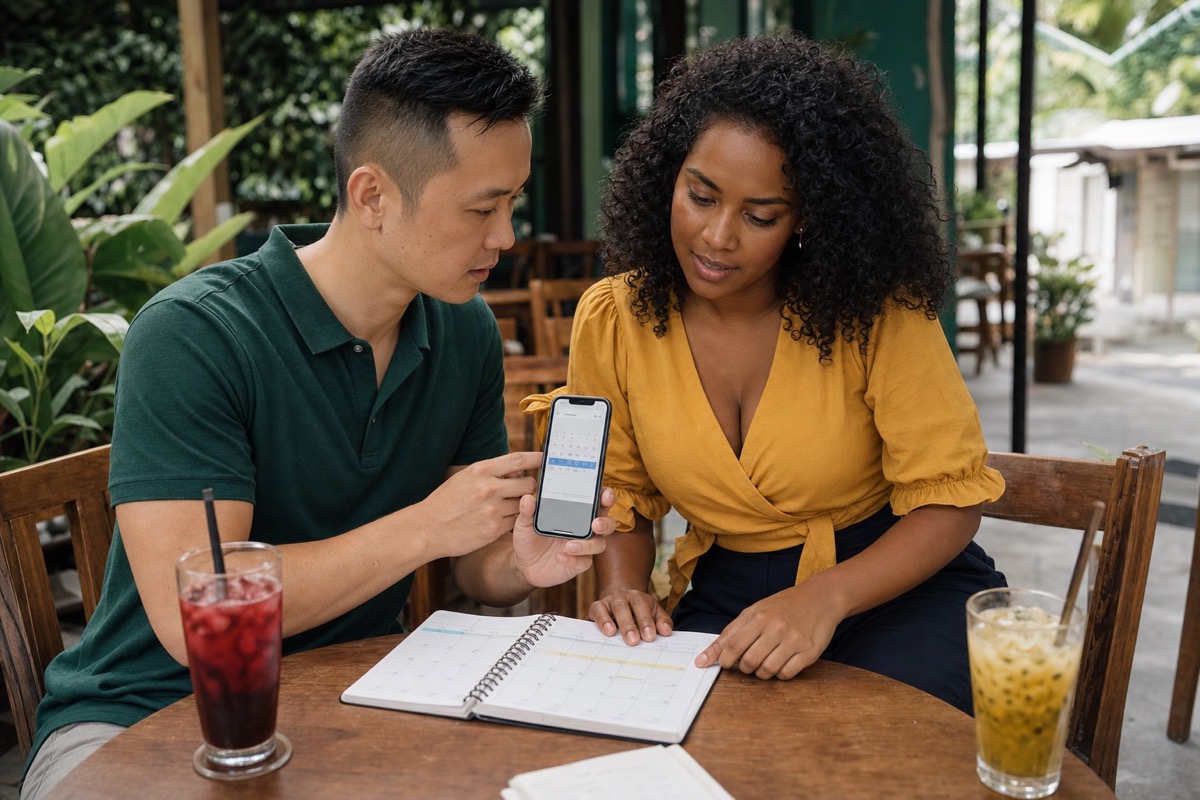 An East Asian foreign man and Costa Rican woman comparing calendars at an open-air café, with a return flight date visible on the phone