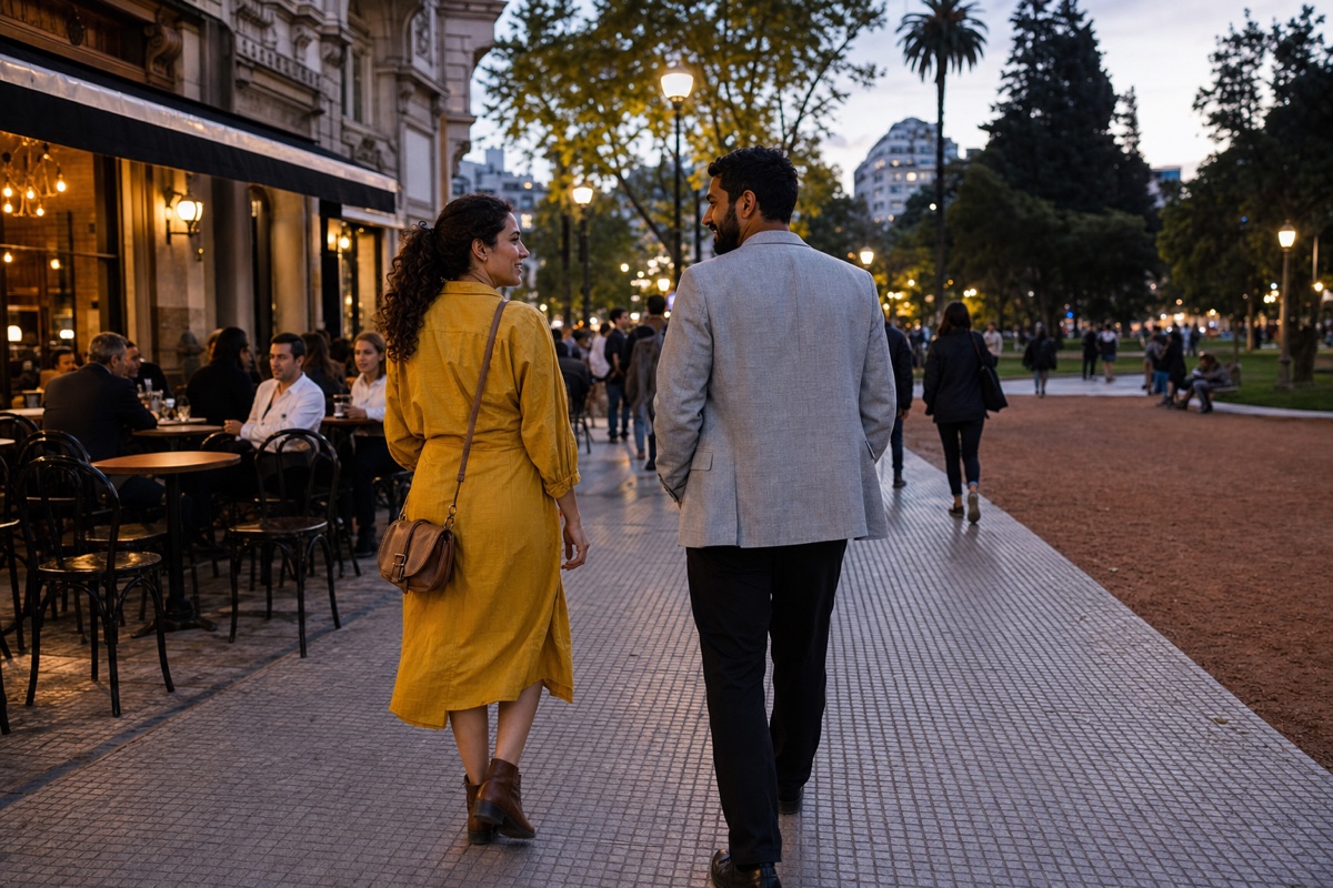 Two people leaving a Buenos Aires cafe for a walk through a busy Recoleta park at dusk