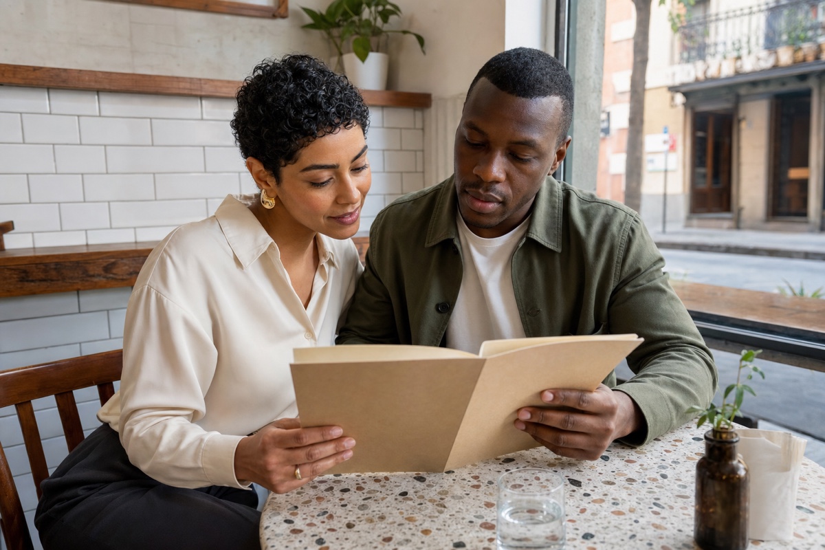 A couple checking a Buenos Aires cafe menu together before choosing what to order