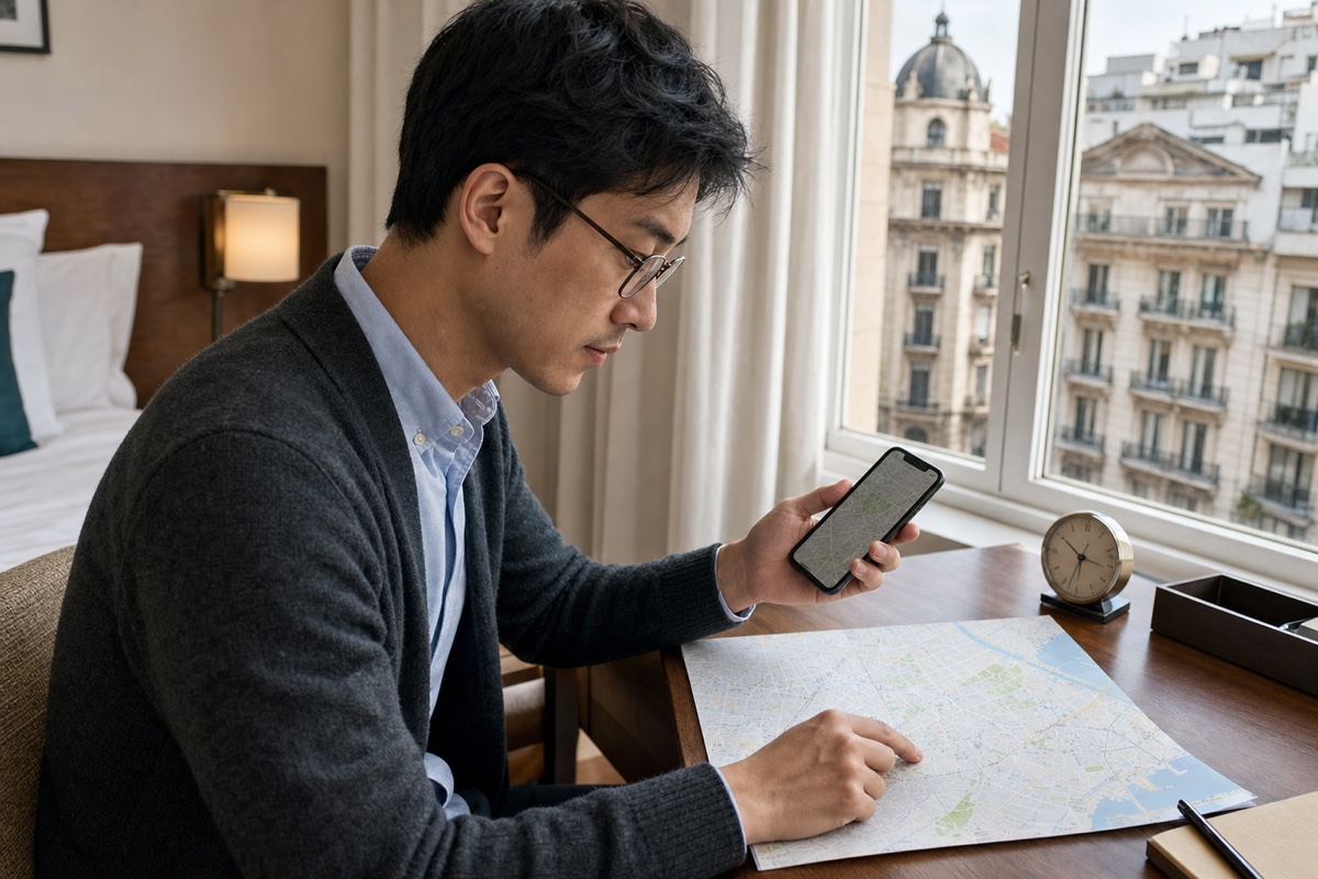 A foreign visitor planning an Argentina app-date radius with a city map at a hotel desk