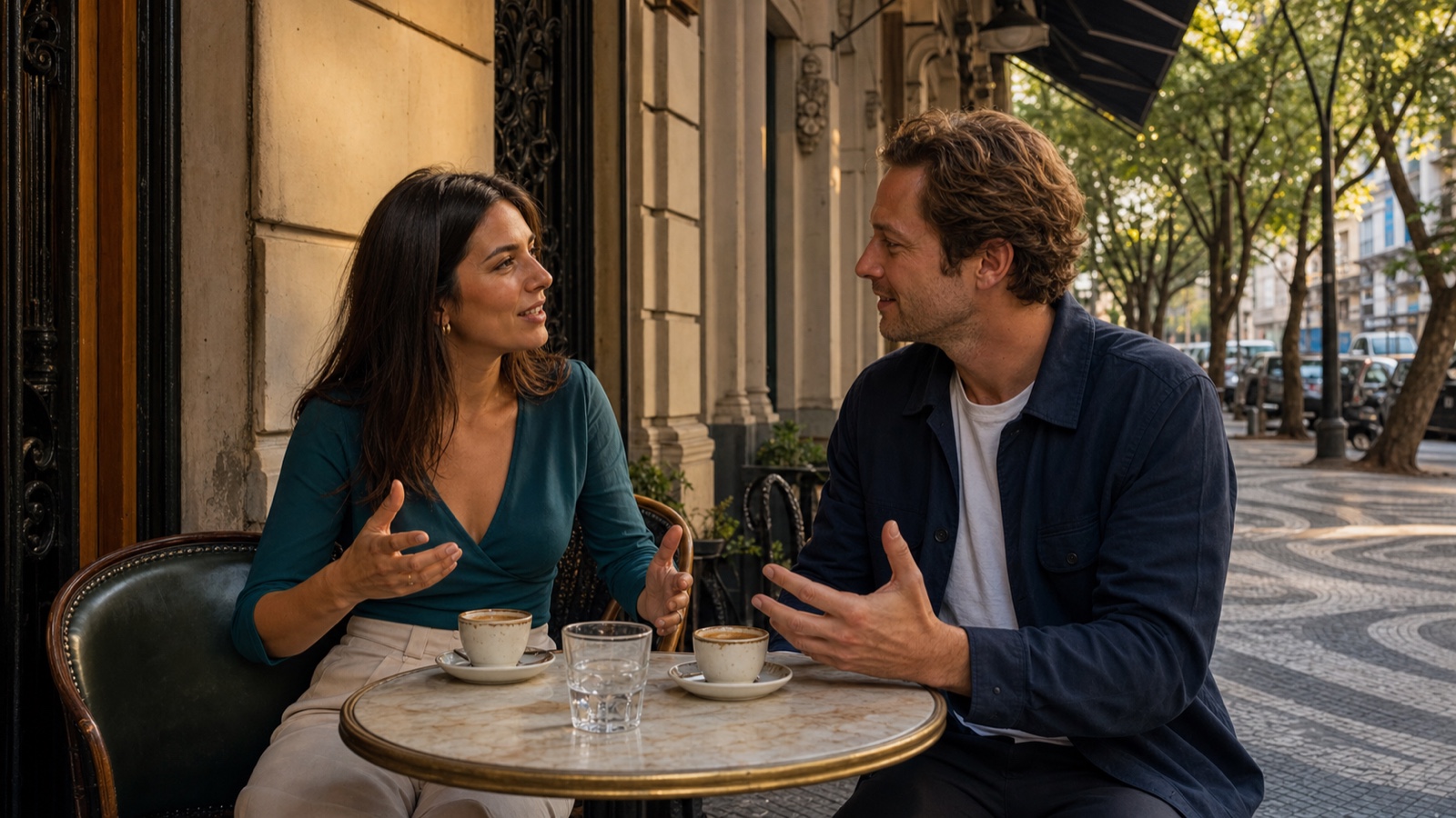 An Argentinian woman and a foreign man talking over coffee at a Buenos Aires sidewalk cafe in late afternoon