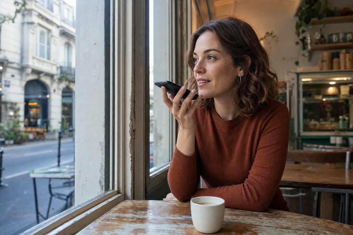 A young woman in Buenos Aires recording a voice note beside a cafe window before meeting a date
