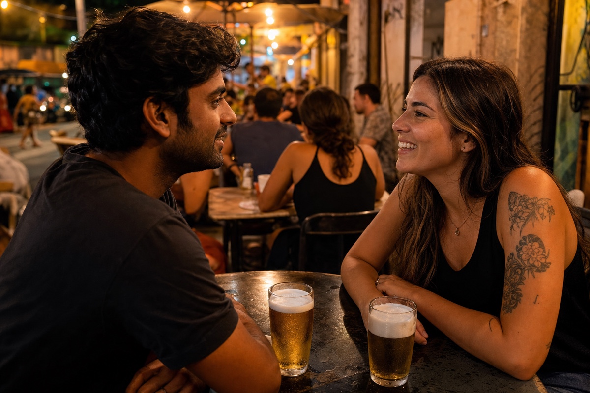 A South Asian man and a Brazilian woman talking across a sidewalk boteco table over cold draft beer, other tables full behind them