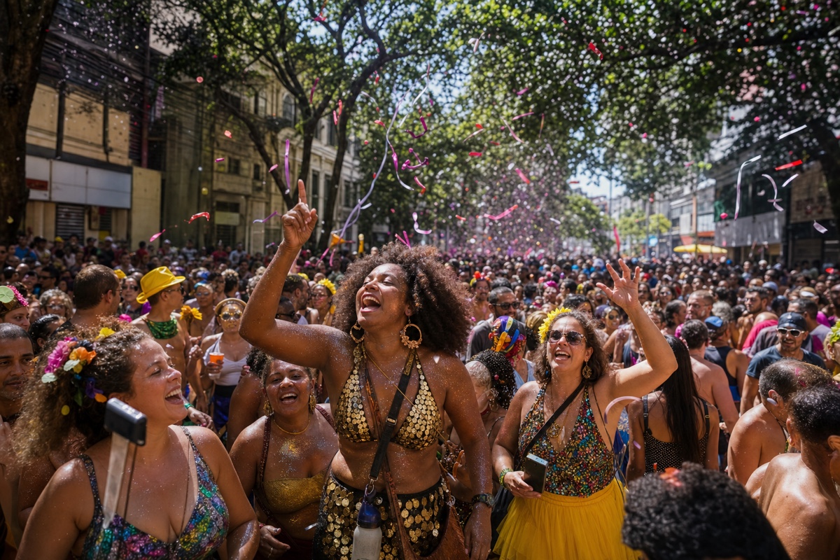 A crowded daytime Carnaval street bloco in Brazil, a racially diverse crowd of locals dancing and singing under confetti