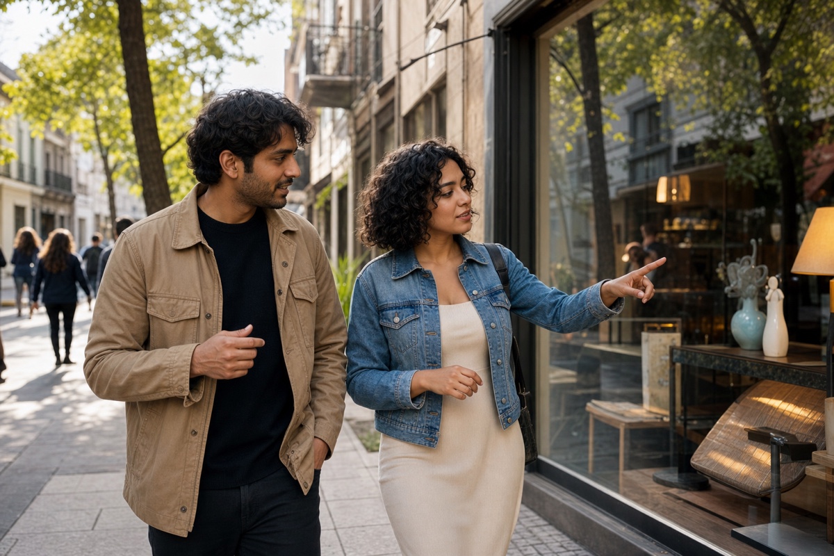 A Chilean woman and a foreign man browsing design shops and choosing a cafe in Barrio Italia during late afternoon