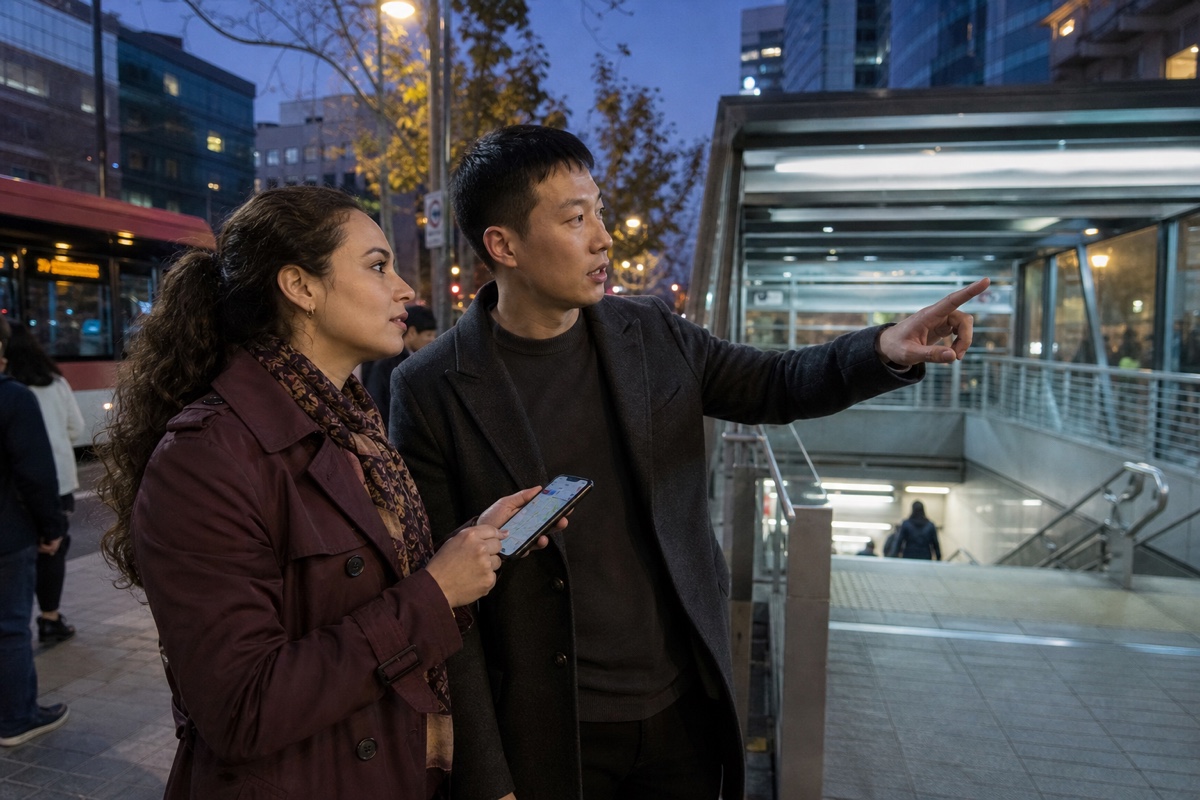 A foreign man and a Chilean woman checking Metro stations and the ride home on a phone map before a Santiago date