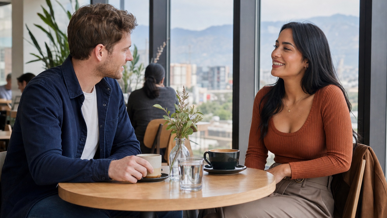 A Chilean woman and a foreign man meeting for coffee in a bright Santiago cafe with the Andes visible beyond the city