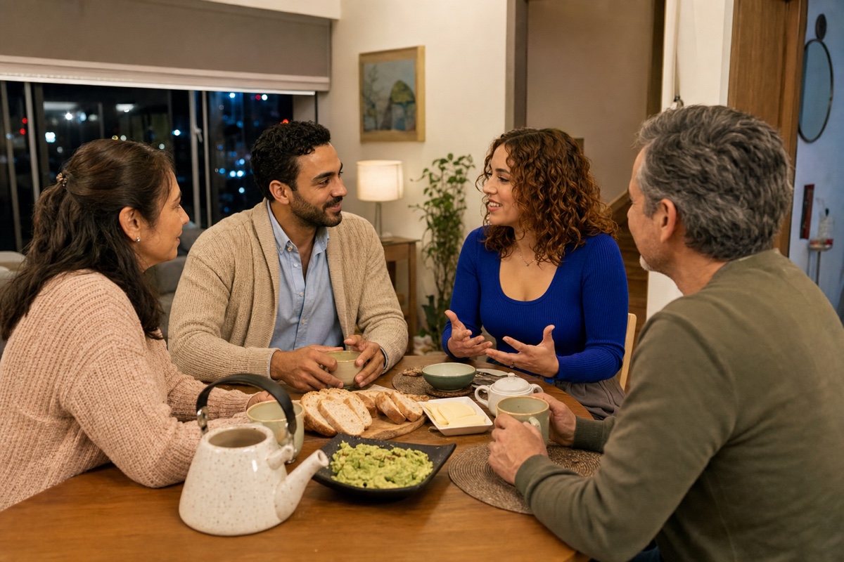 A Chilean family and an invited foreign partner sharing evening tea, bread, and conversation around a home table