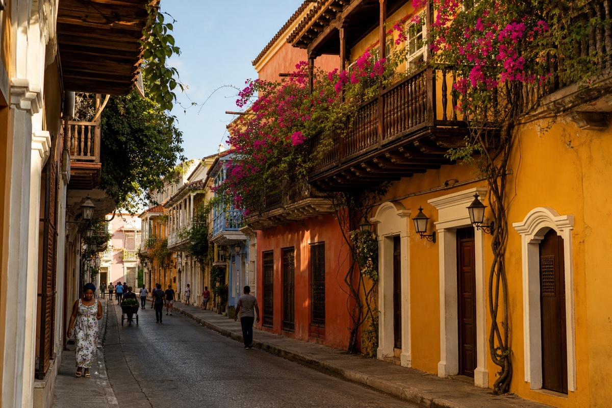 Colorful colonial streets of Cartagena's old town, locals walking past balconies with flowers