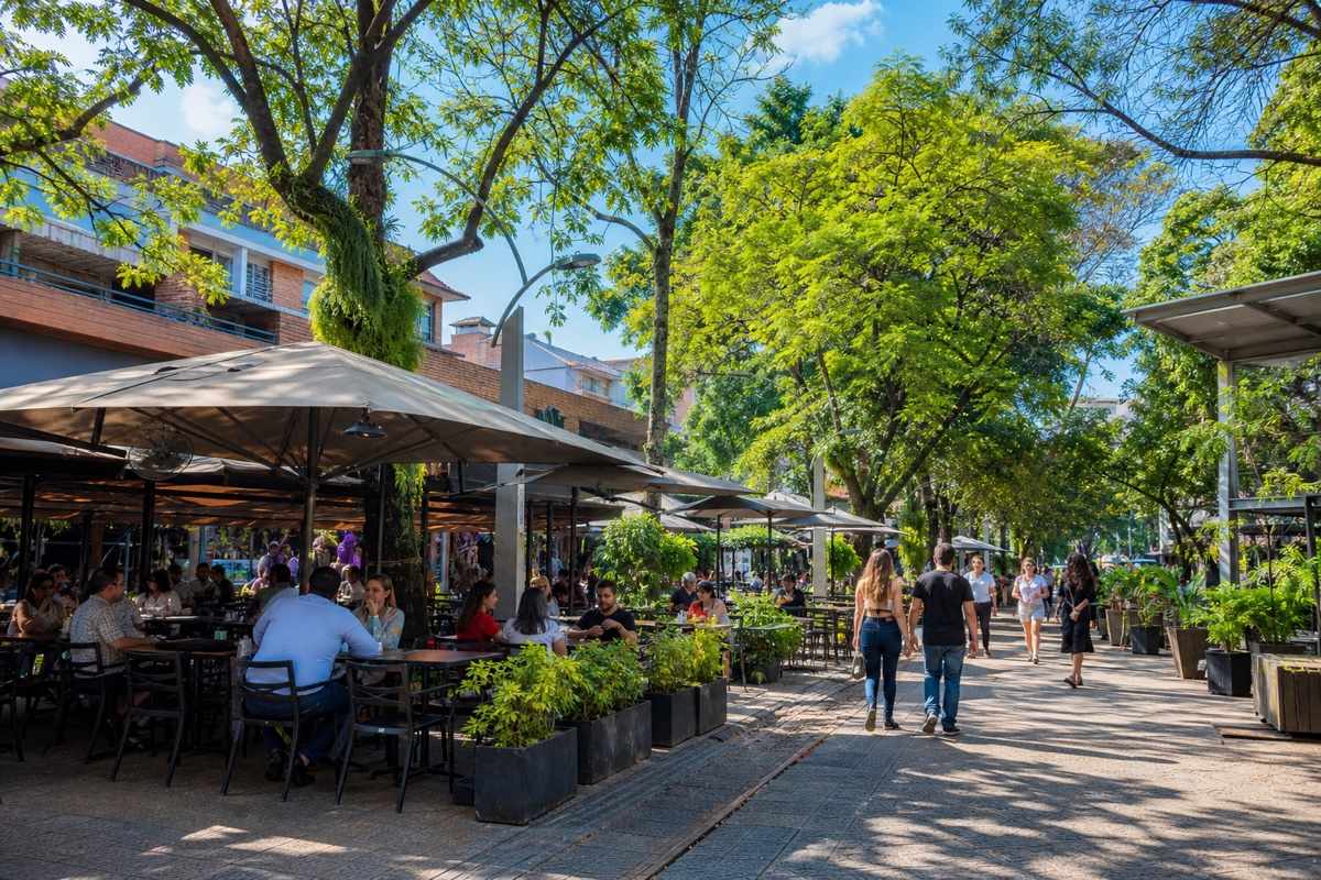 A bright daytime scene at a park in El Poblado, Medellin, people at outdoor café tables