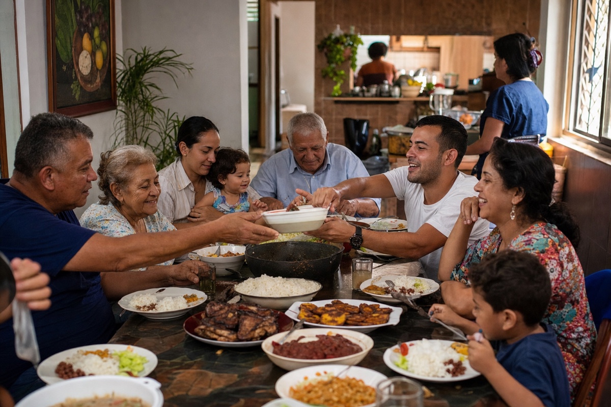 A long multigenerational Sunday lunch table with a Colombian family sharing food and laughing