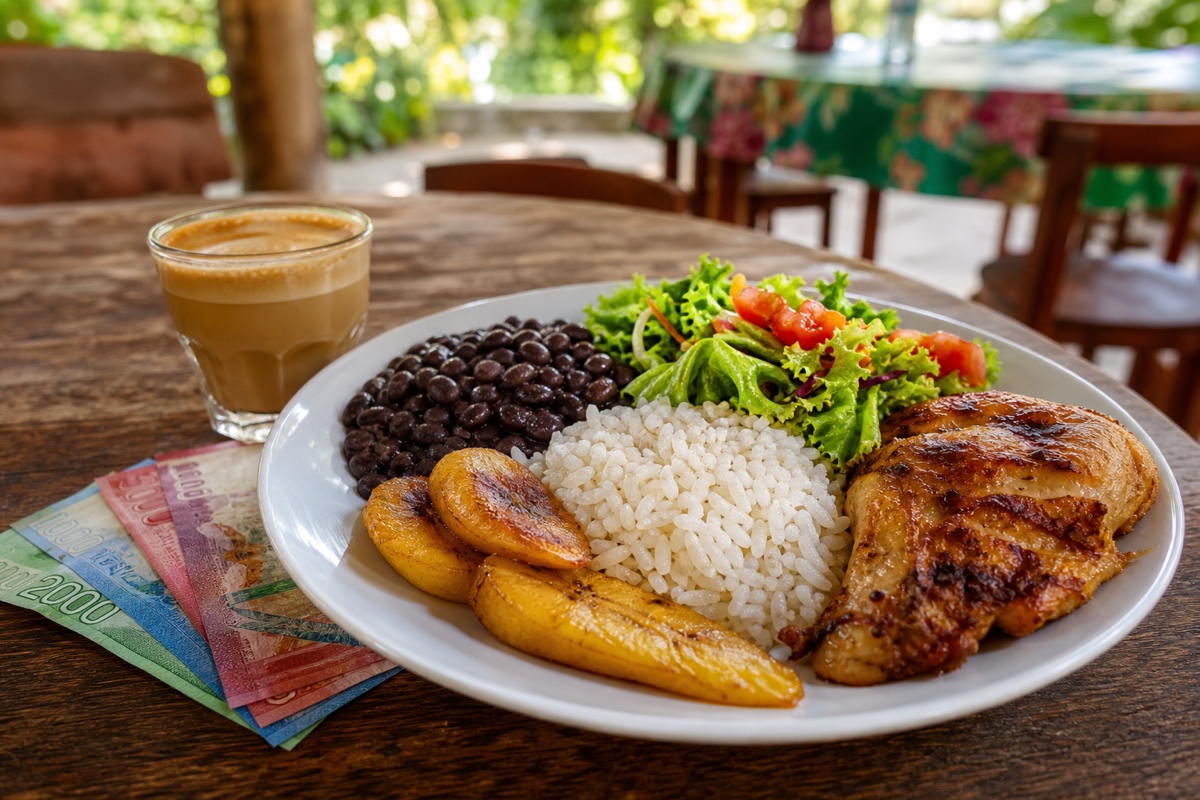 A traditional Costa Rican casado plate of white rice, black beans, fried plantain, fresh salad, and grilled chicken beside a cortado coffee and a few colones on a wooden soda table