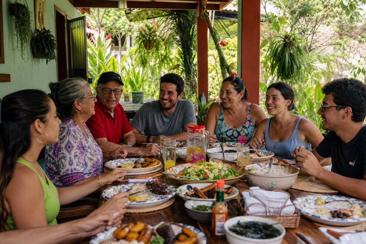 A multi-generational Costa Rican family Sunday lunch on an open patio, plates of rice and beans and plantains, everyone talking and relaxed