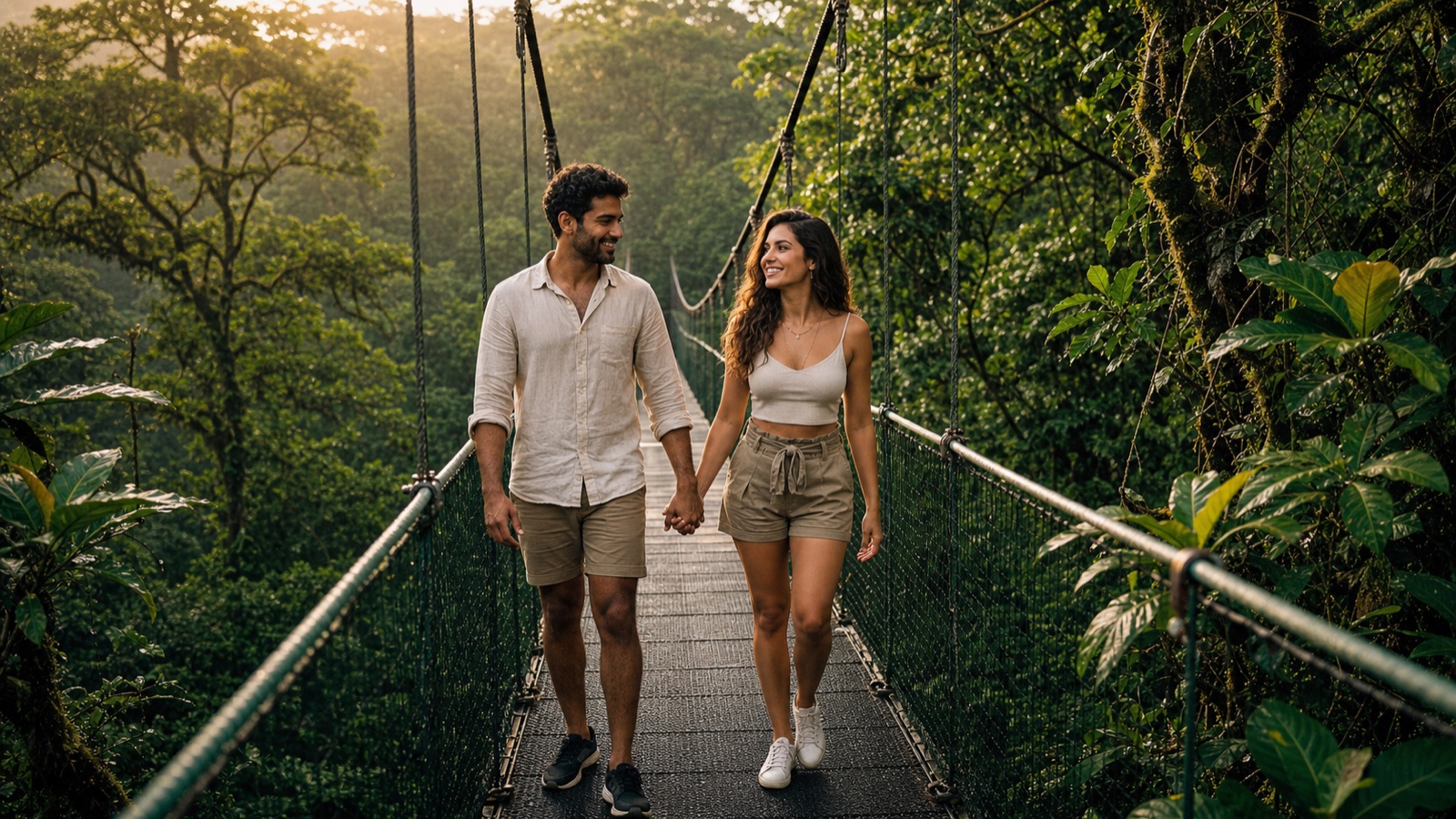A South Asian man and a Costa Rican woman walking a rainforest hanging bridge together in golden afternoon light, green canopy around them