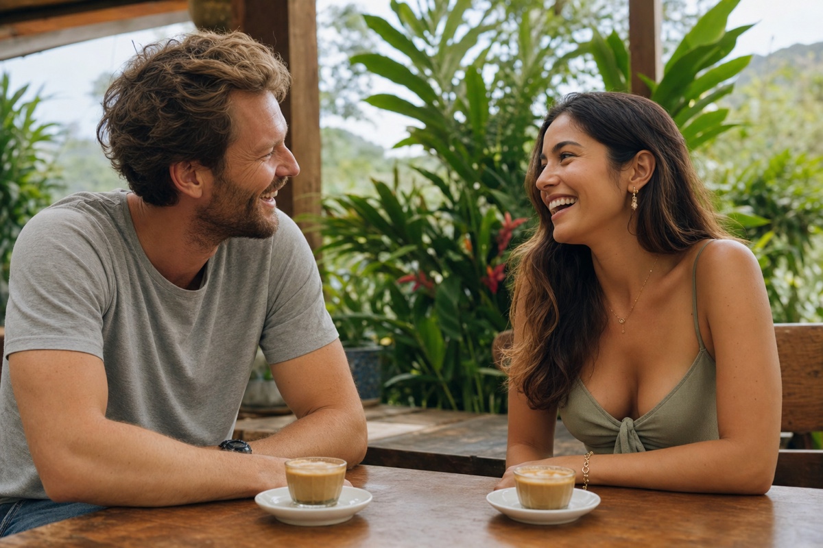 A white European man and a Costa Rican woman relaxing over coffee at an open-air cafe in the Central Valley, both unhurried and laughing in soft daylight