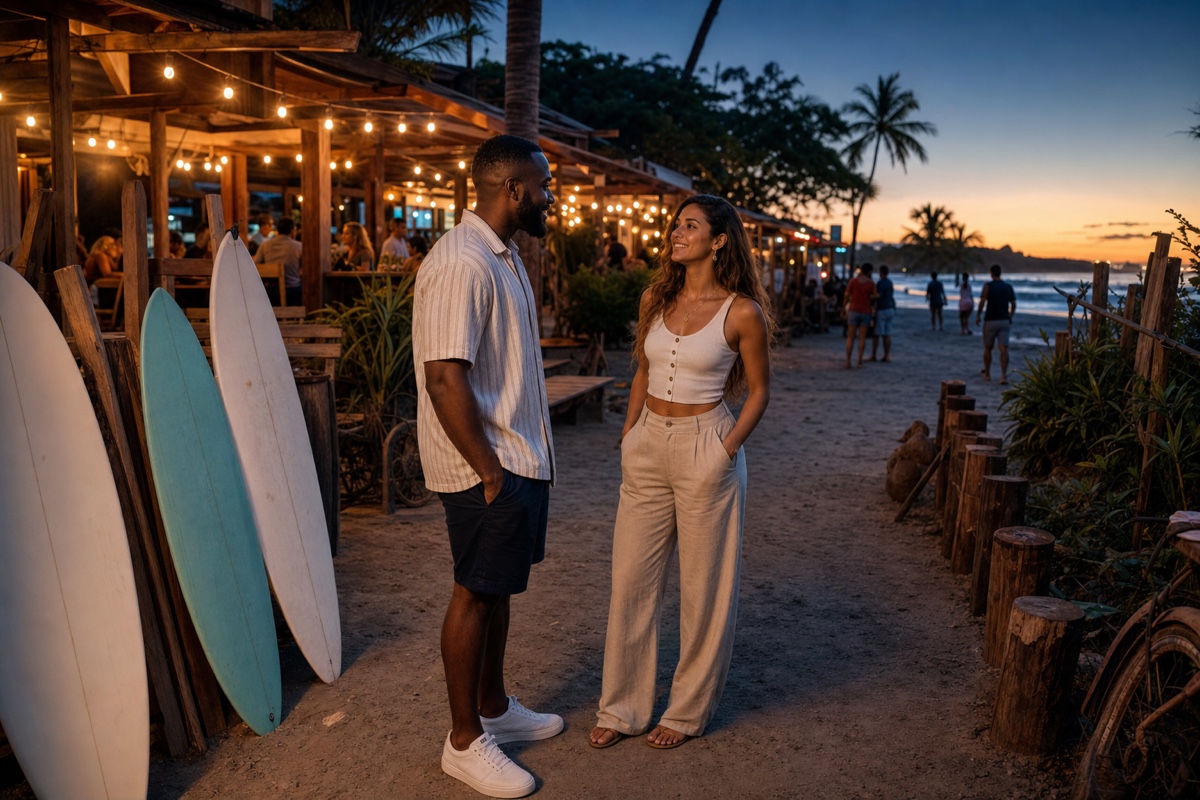 A beach town street in Tamarindo, Costa Rica at dusk with surfboards, open-air bars, and a Black man and a Costa Rican woman talking near the sand