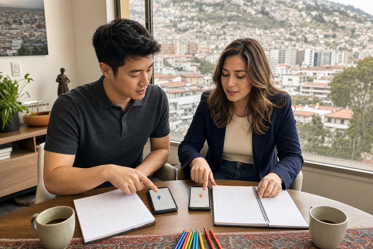 A foreign visitor and an Ecuadorian match comparing city pins, work calendars, and the visitor's departure date