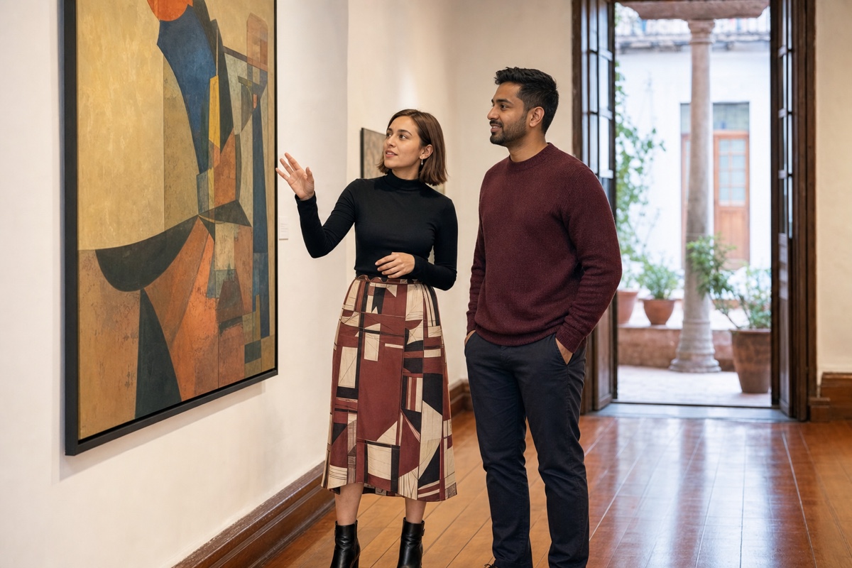 An Ecuadorian woman and a different foreign man discussing modern art inside a Cuenca museum