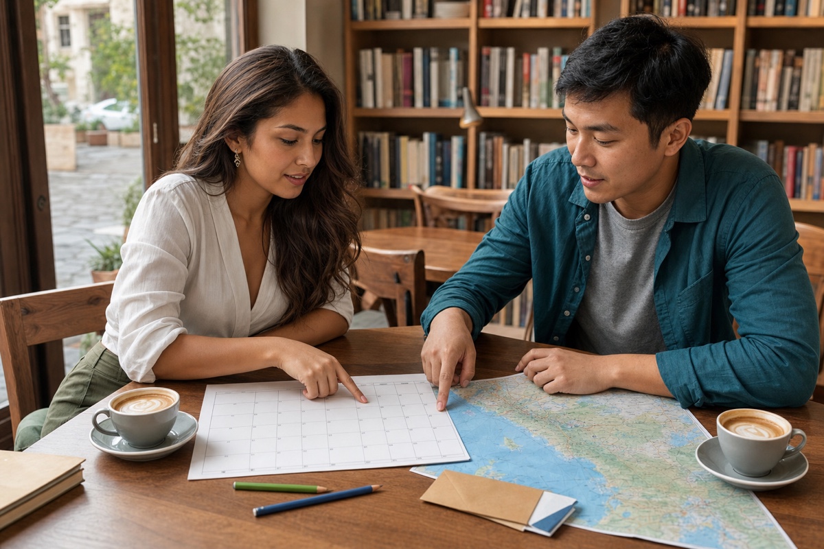 An Ecuadorian woman and a different foreign partner comparing home cities, family locations, and future visits over a paper calendar