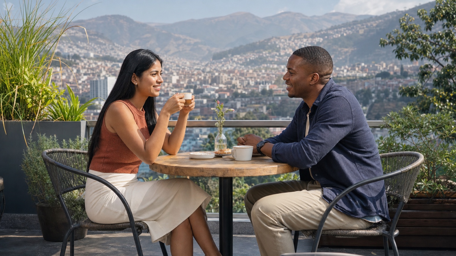 An Ecuadorian woman and a foreign man meeting for coffee on a bright Quito terrace