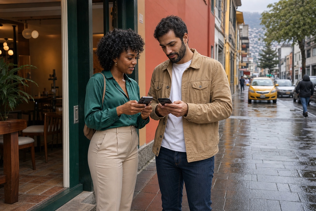 An Ecuadorian woman and a different foreign man confirming a Quito cafe address and separate rides on their phones