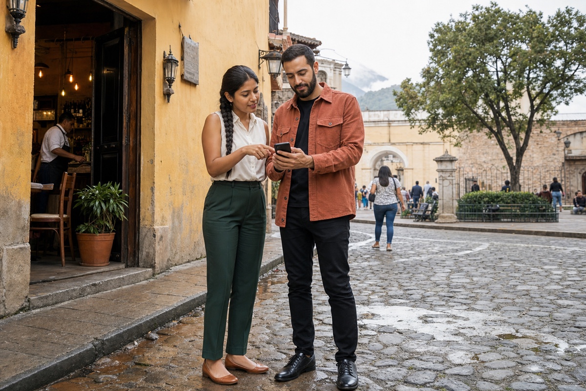 A Guatemalan woman and a foreign man checking a compact daylight walking route between a cafe and public courtyard in Antigua