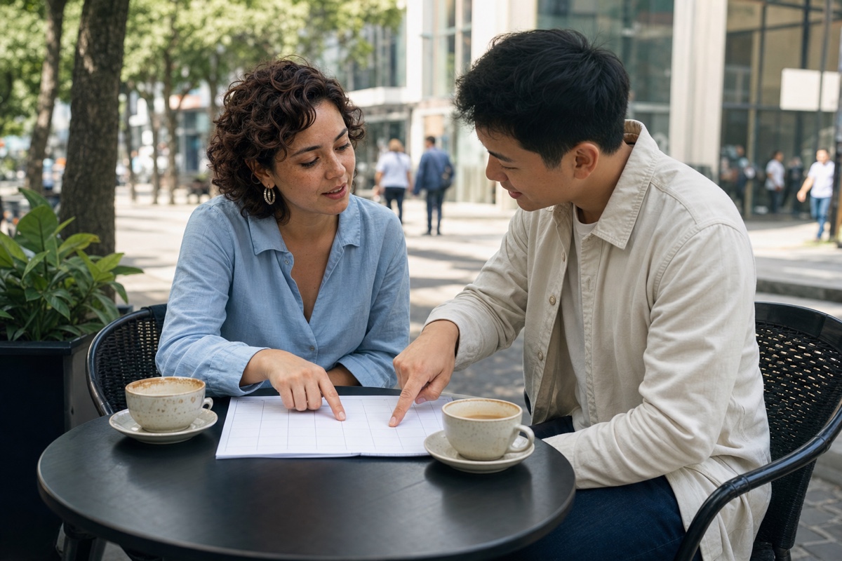 A Guatemalan woman and a foreign man choosing a specific second-date time near her work instead of making a vague weekend promise