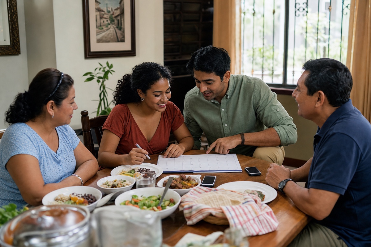 A Guatemalan woman and a foreign partner comparing work, travel, and family calendars over a relaxed home lunch