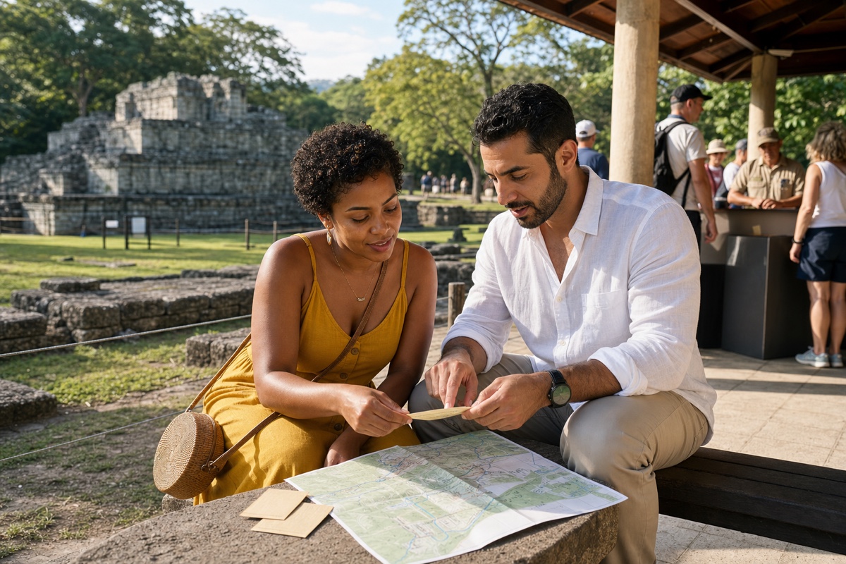 A Honduran woman and a foreign partner choosing a repeatable second date before planning a later trip to Copan