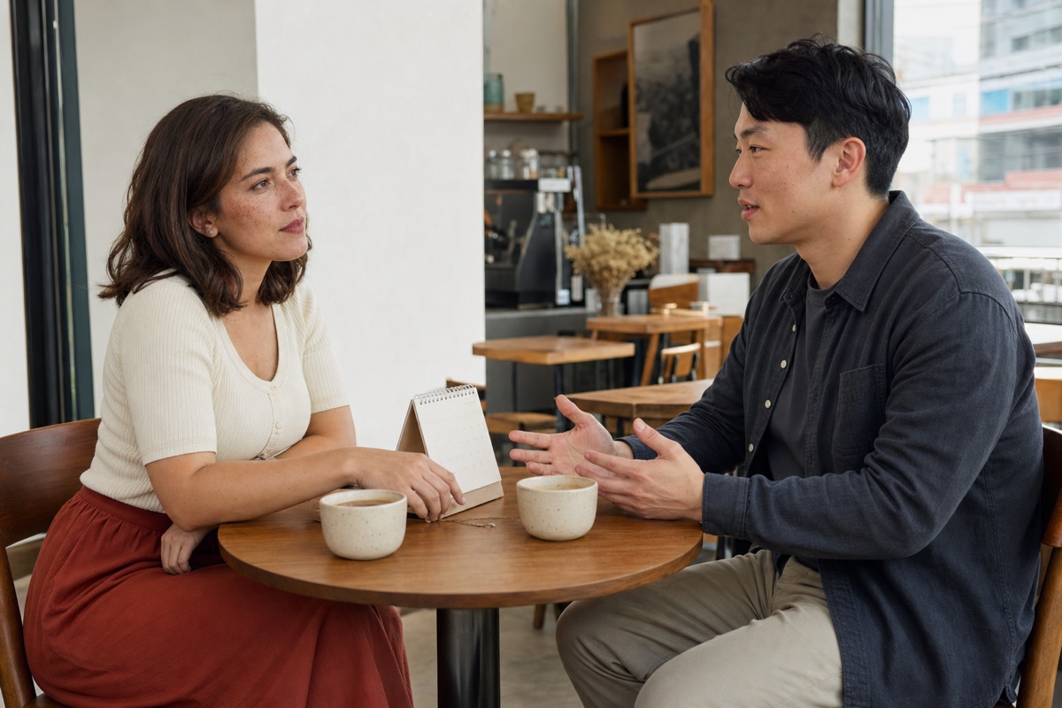 A Honduran woman and a foreign partner agreeing on casual, exclusive, or marriage-minded intent over coffee and a shared calendar