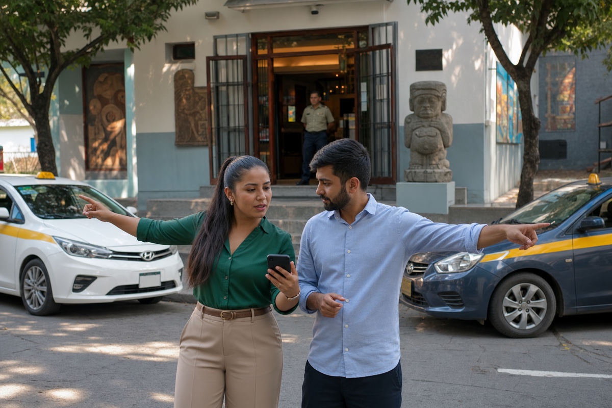 A Honduran woman and a foreign man confirming a staffed public address, separate rides, and a daylight return time