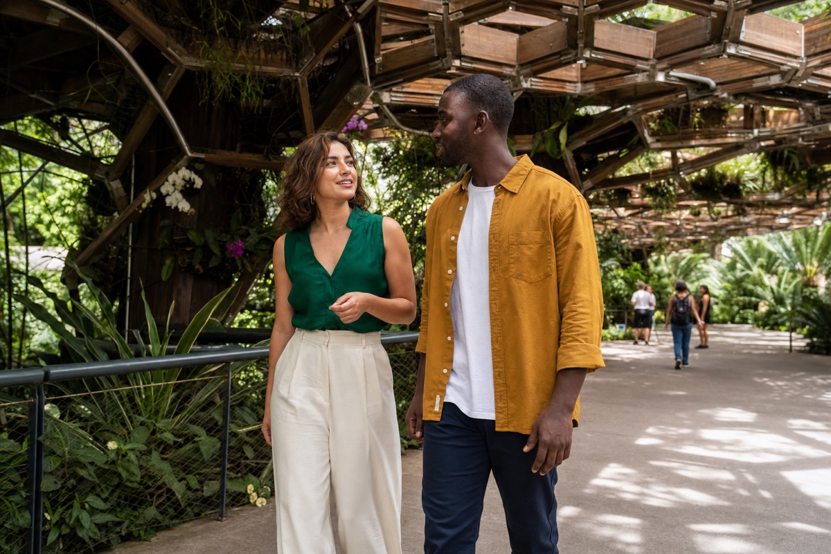 A Colombian woman and a foreign man walking beneath the orchid pavilion at Medellín Botanical Garden