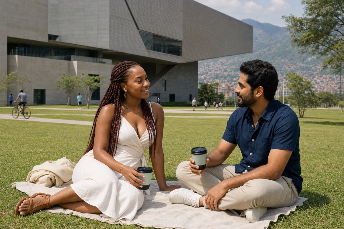 A couple sharing coffee on the grass at Ciudad del Río with Medellín's modern art museum behind them