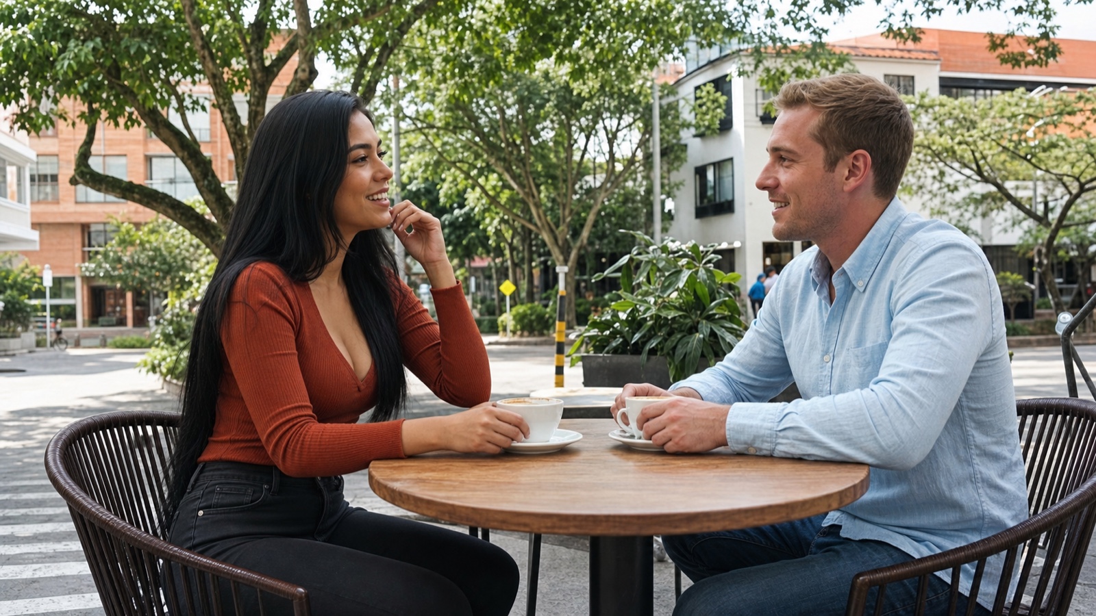 A Colombian woman and a foreign man meeting at a bright street-side cafe in Laureles, Medellín